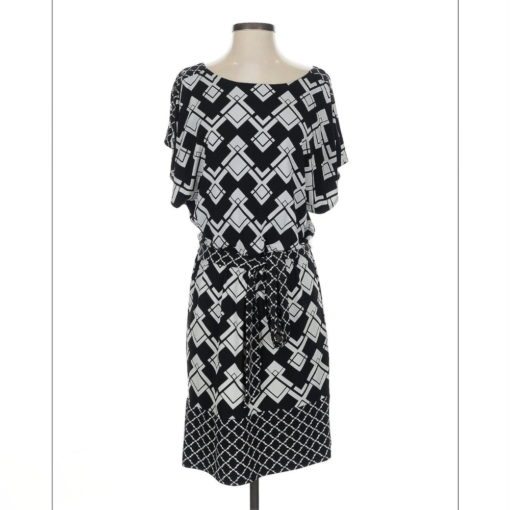 White House Black Market Geometric Dolman Sleeve Dress Black White Large